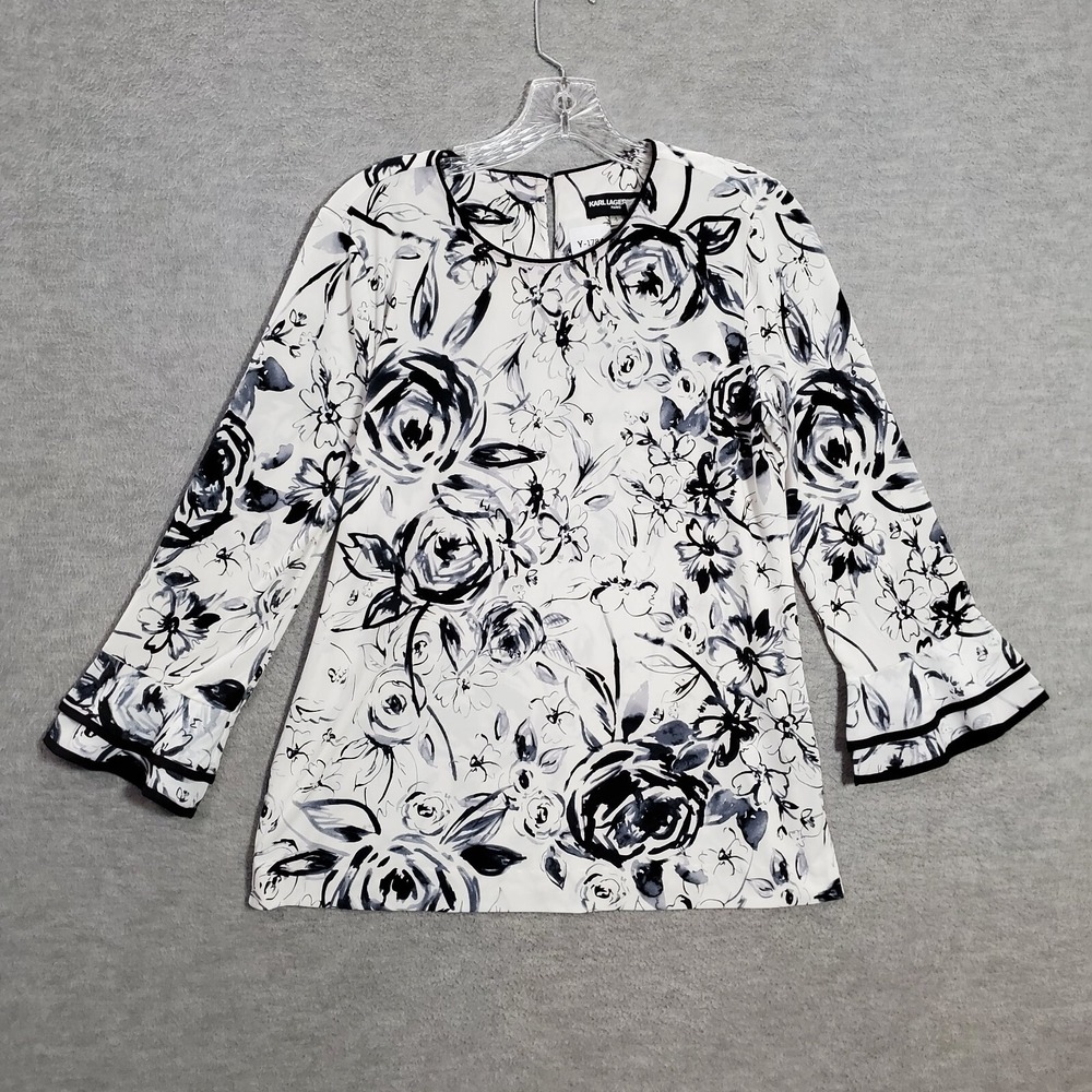 Karl Lagerfeld Women Top Small White Floral Blouse Bell Sleeve Keyhole Spandex